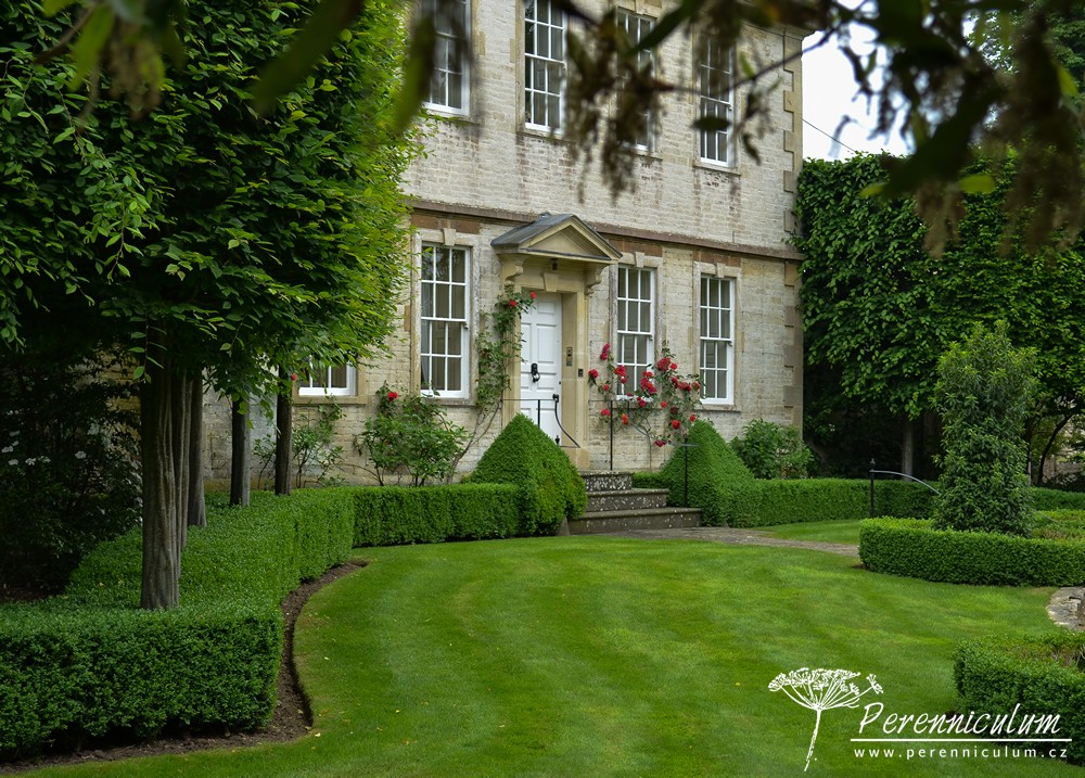 Příběh zahrady v Doyntonu 6 "Zelená křídla" z tvarovaných habrů na kmínku a nízký buxusový plůtek dávají krásně vyniknout světlé fasádě domu.